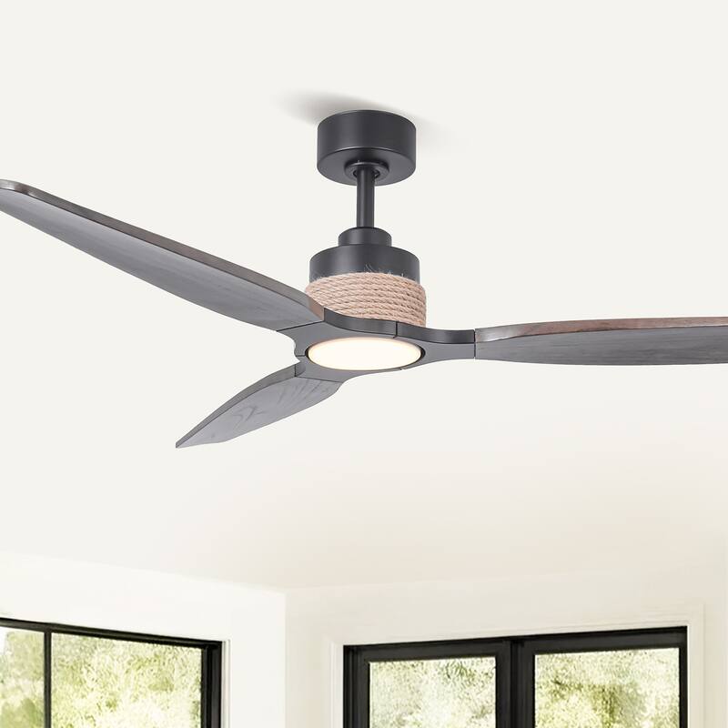 56" American Country Jute Solid Wood Black Ceiling Fan with 3CCT Light and Remote