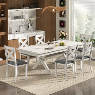 VECELO Dining Table Set, Solid Wood Rectangular Extendable Dining Table ...