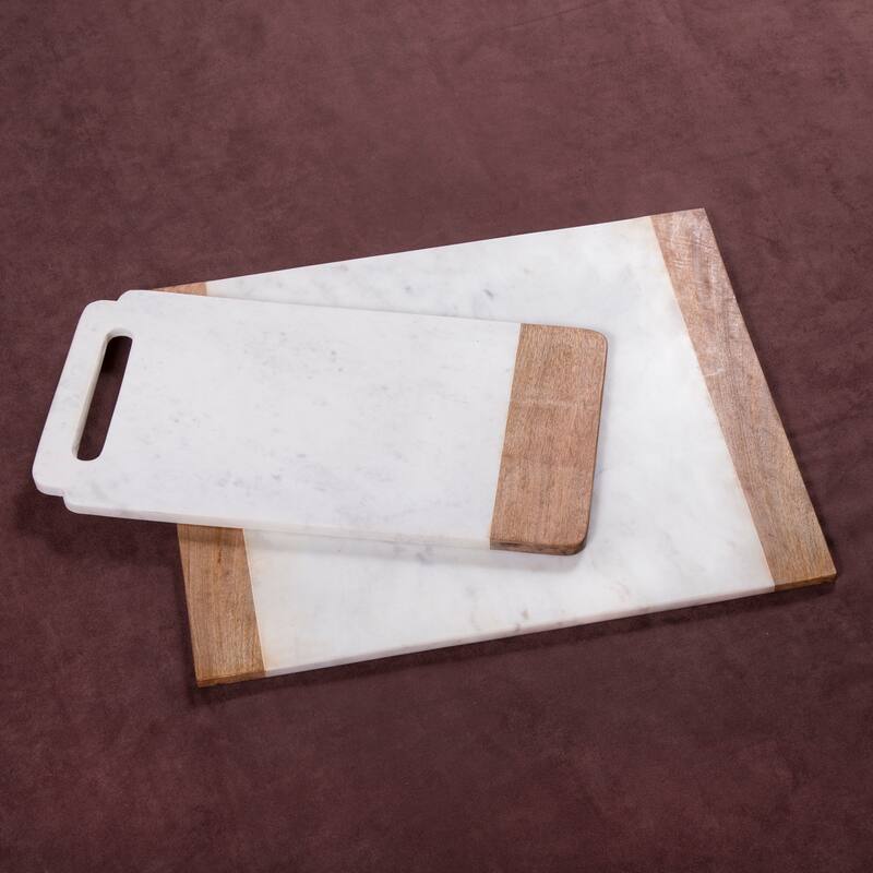 Creative Home Off-White Marble with Mango Wood Pastry Cheese Board Set (Set of 2)