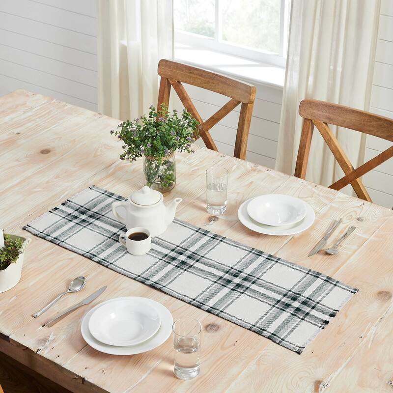 Harper Plaid Green White Runner Fringed 12x36 - 12x36