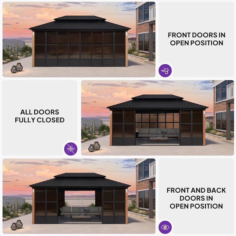 PURPLE LEAF Double Top Outdoor Wood Grain Sunroom All-Weather Screen House Patio Hardtop Gazebo