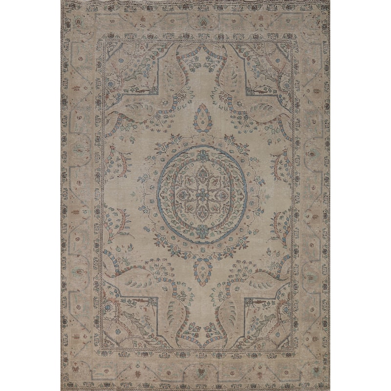 Medallion Tabriz Persian Area Rug Oriental Beige Handmade Wool Carpet - 6'9"x 9'7"