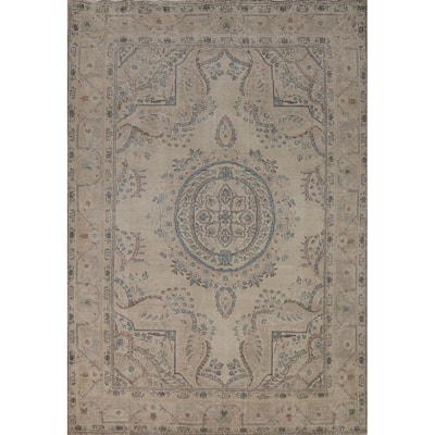Medallion Tabriz Persian Area Rug Oriental Beige Handmade Wool Carpet - 6'9"x 9'7"
