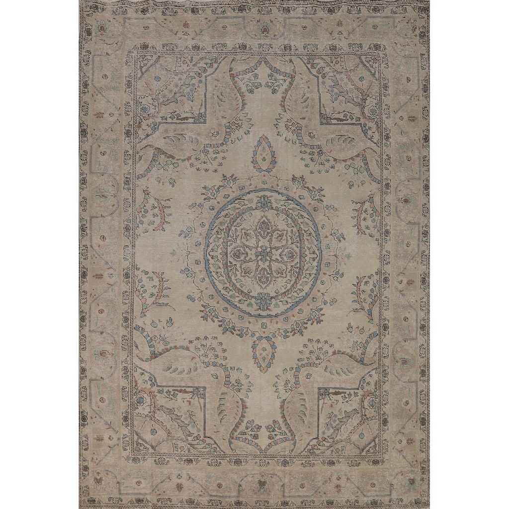 Medallion Tabriz Persian Area Rug Oriental Beige Handmade Wool Carpet - 6'9"x 9'7"