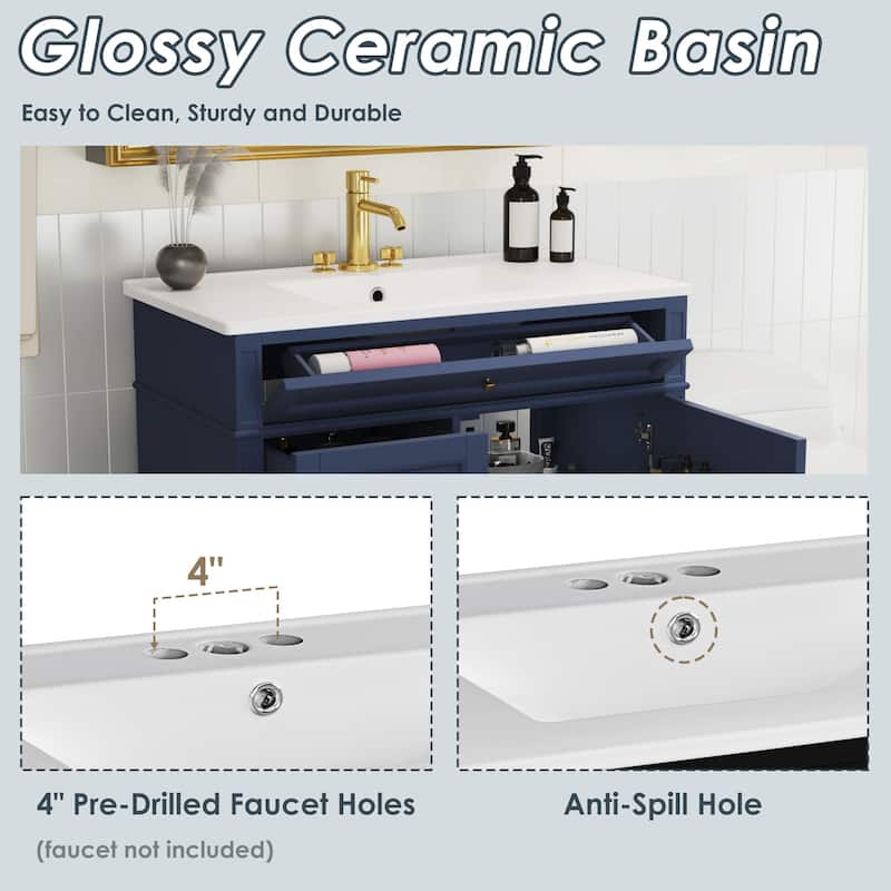 36 Inch Bathroom Vanity with Sink Top, Freestanding Storage Cabinet with 3 Drawers and Single Door, Modern Style