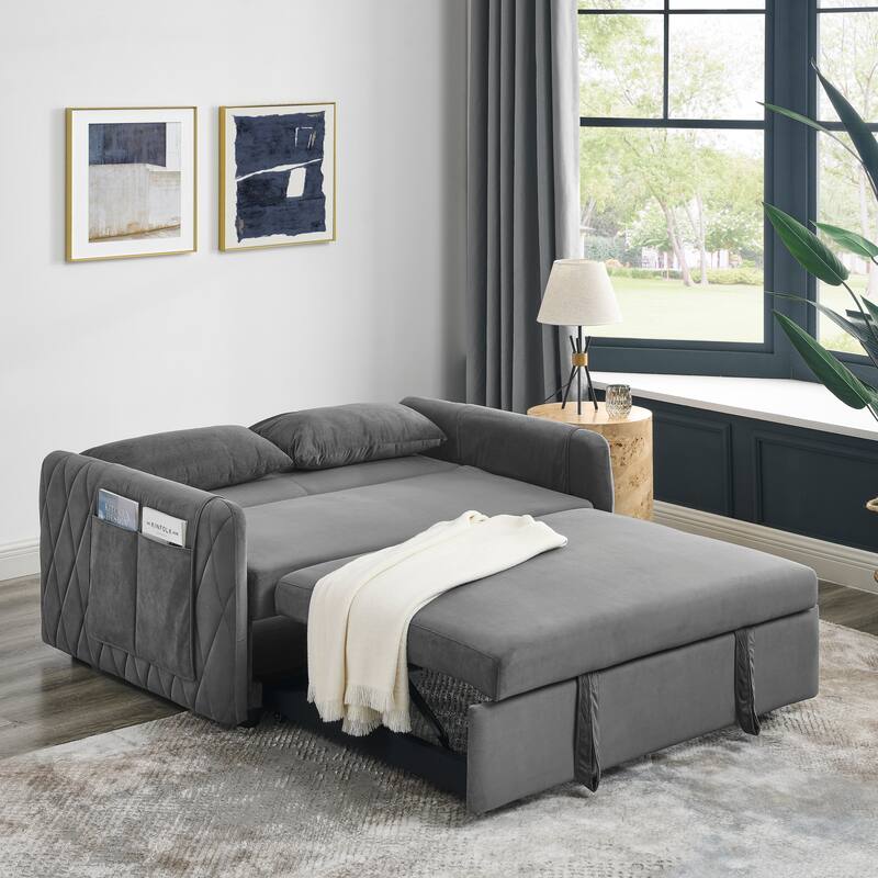 Pull-Out Velvet Couch with Chaise and Storage, Ideal for Apartments and Guest Rooms - Grey
