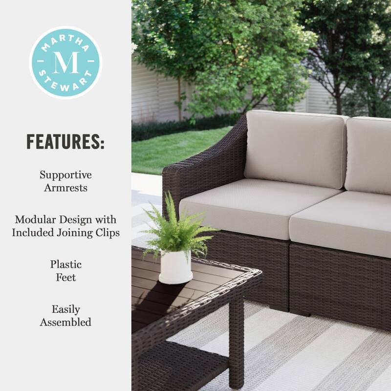 Martha Stewart Outdoor Modular Rattan Wicker Loveseat with All-Weather Cushions - 58"W x 32"D x 30"H