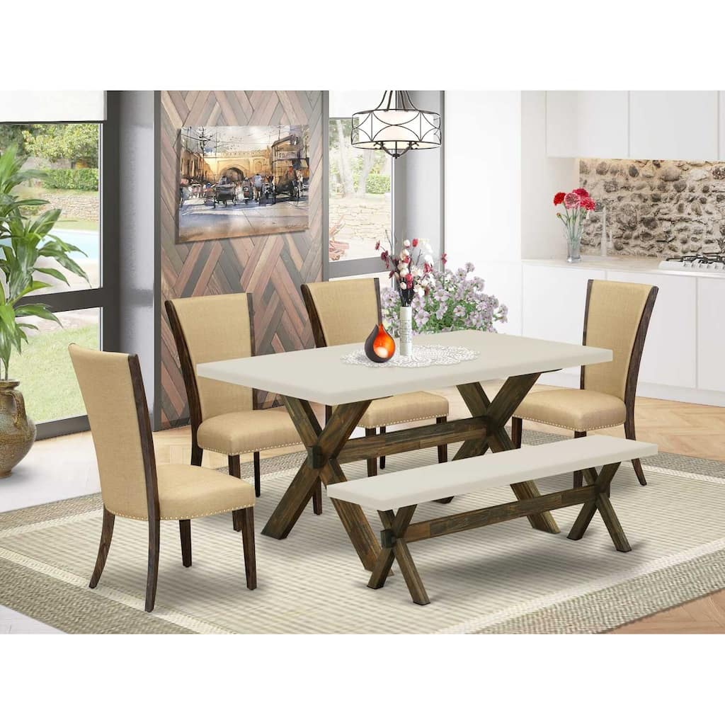 HomeStock 6-Piece Rectangle Distressed Jacobean Finish Solid Wood Top Dining Table with 1-Bench, 4-Chairs