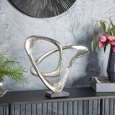 Silver Aluminum Loop Abstract Sculpture with Black Base - 14 x 6 x 13