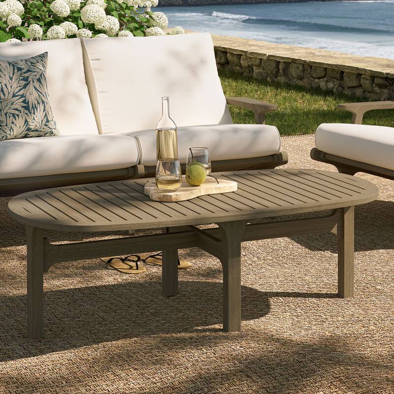 Saratoga Oval Outdoor Patio Teak Wood Coffee Table - Weathered Gray