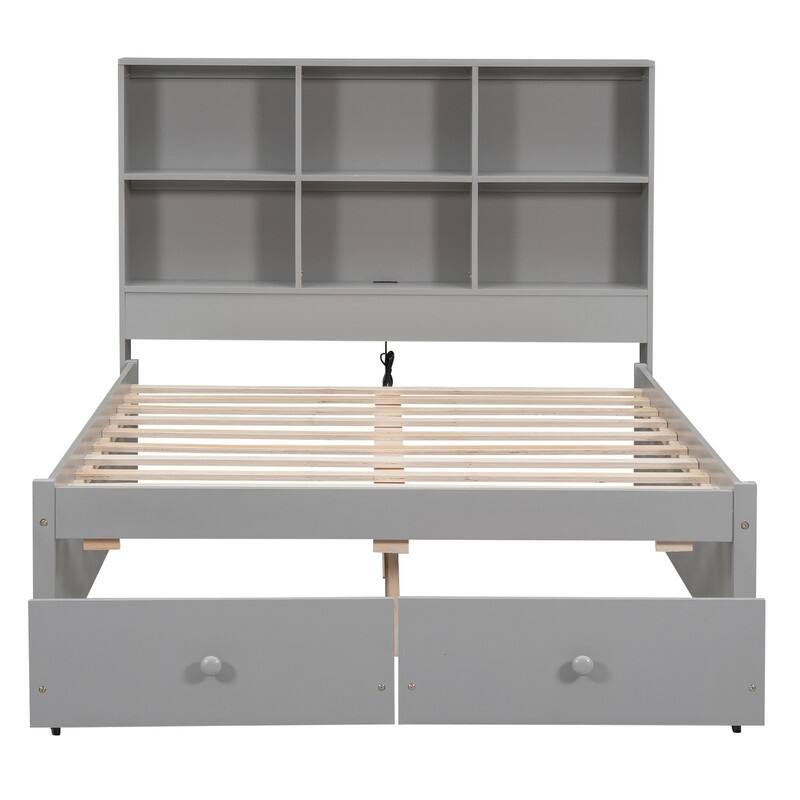 Full Size Platform Bed with Storage Headboard, Charging Station and 2 Drawers