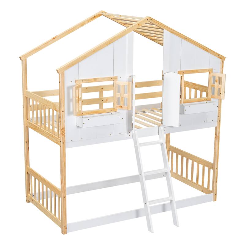 Twin Wood House Bunk Bed with Roof & Safety Guardrails