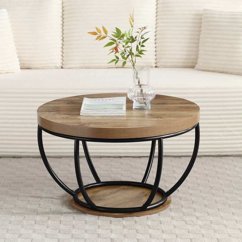 31" Round Industrial Coffee Table with 2-Tier Storage Shelves, Modern Wood & Black Metal Accent Center Table - Black