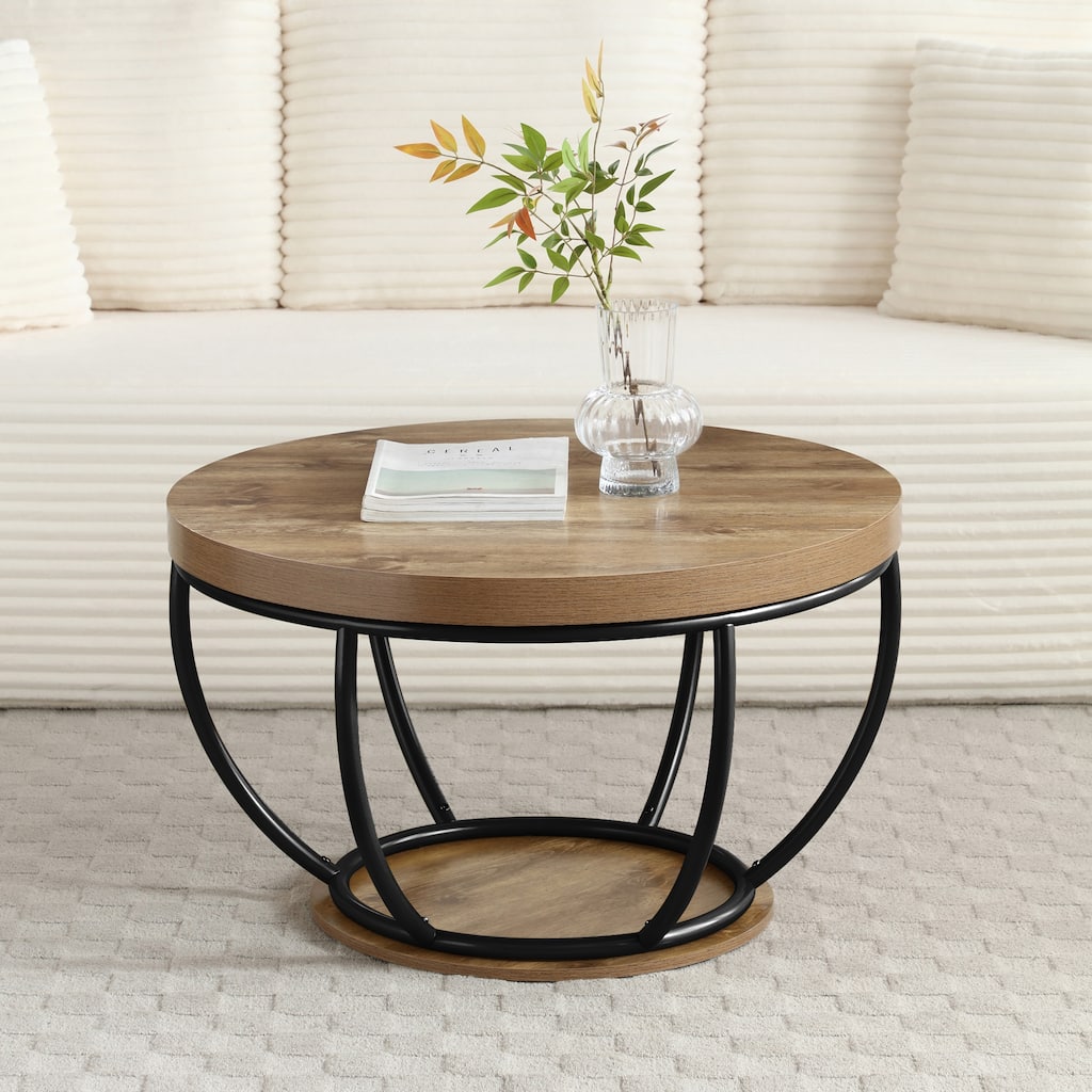 31" Round Industrial Coffee Table with 2-Tier Storage Shelves, Modern Wood & Black Metal Accent Center Table