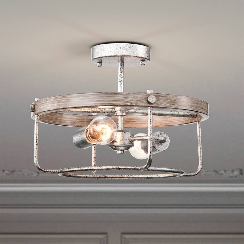 Salaree 15 Inch Antique Cage Semi Flush Mount with 2 Light - Antique and Imitation wood Grain