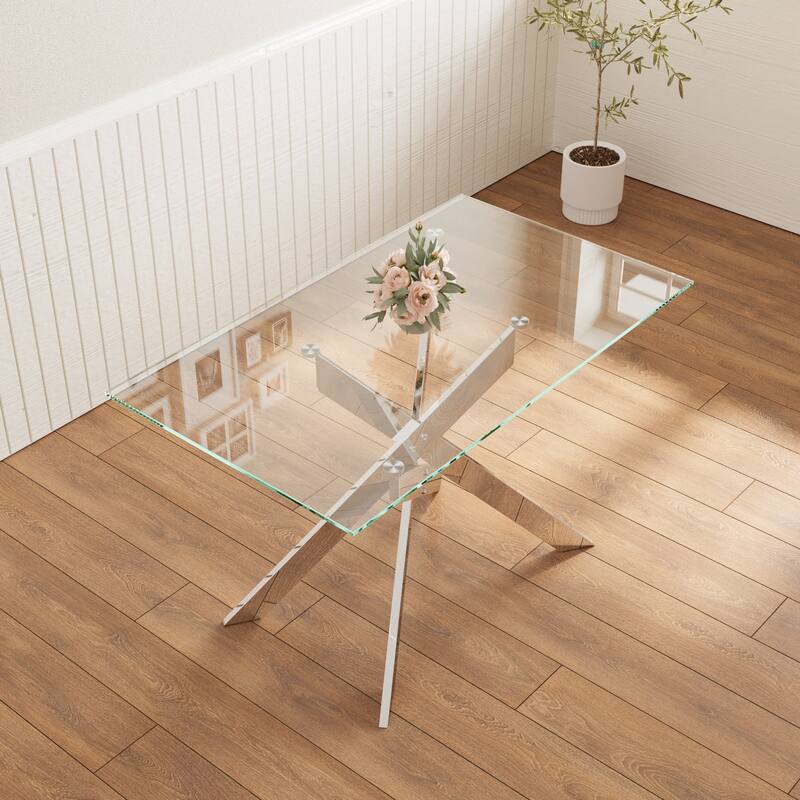 47.2-inch modern minimalist tempered glass coffee table, metal leg rectangular dining table, transparent glass dining table