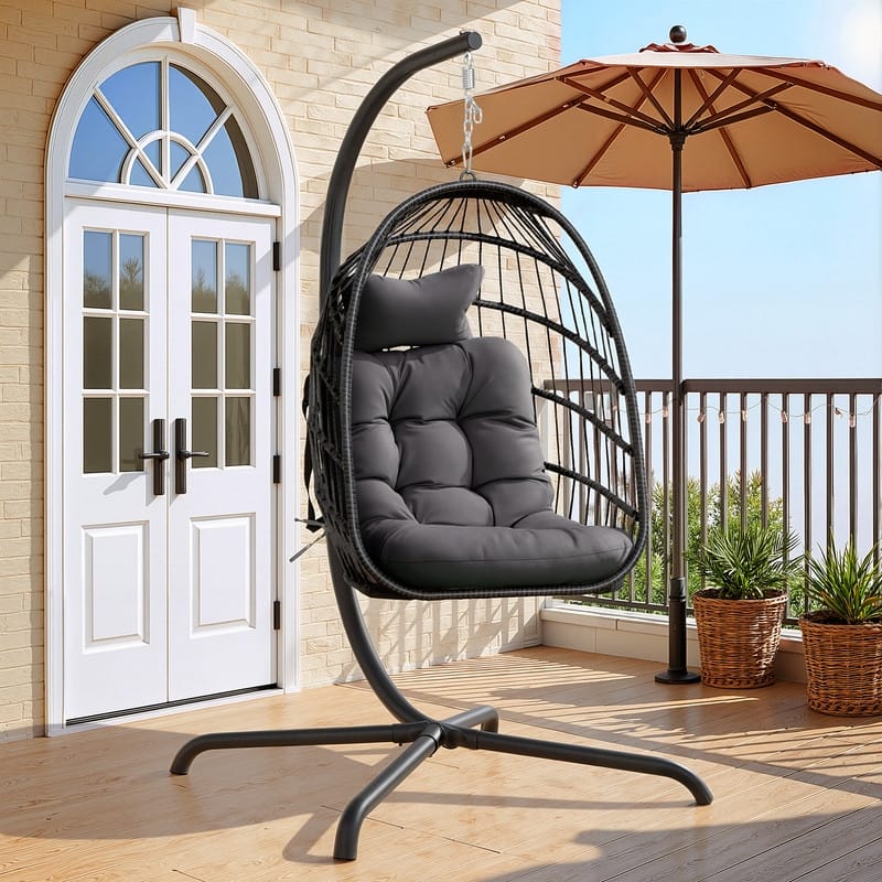 Oversized Wicker Hanging Egg Chair with Stand, Outdoor Indoor Swing Chair with Cushion, 350 lb Capacity