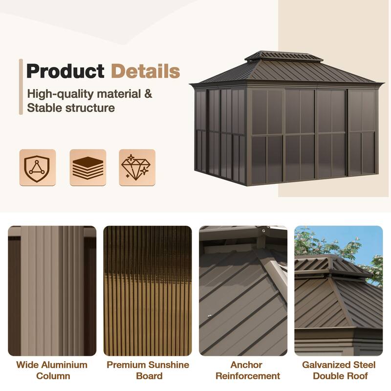 Hardtop Gazebo with Double Steel Roof, Sliding/Lockable Doors & Screens - All-Season Rustproof Aluminum Frame，Advanced Drainage