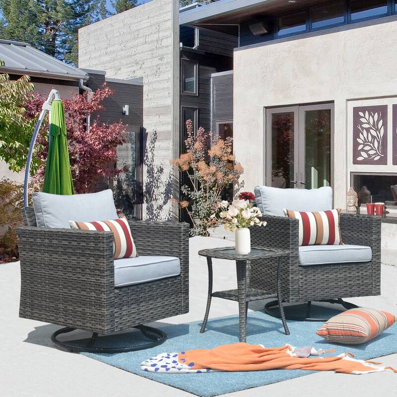 OVIOS 3-piece Patio Wicker Swivel Rocking Chairs Set - Grey