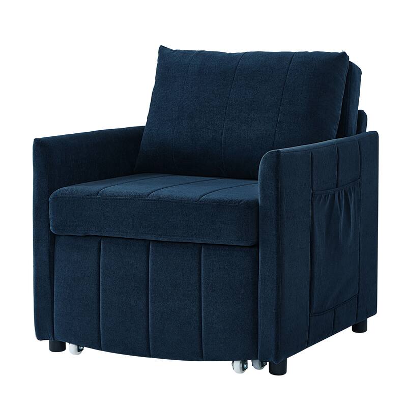 Upholstered Convertible Sleeper Sofa with 5-Position Adjustable Backrest, Side Pockets and Storage Basket, Blue