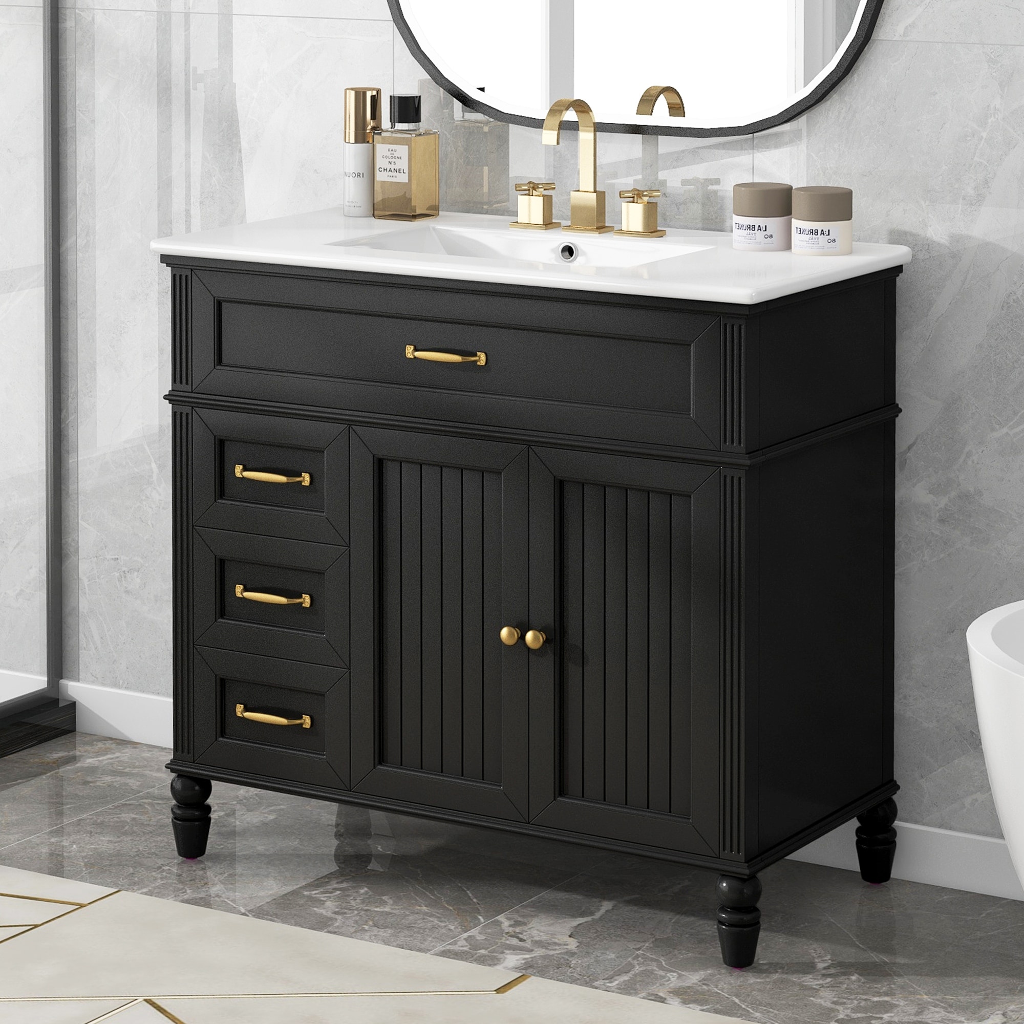 36" Bathroom Vanity with Sink, Blue Bathroom Cabinet with Drawers, Solid Frame and MDF Board, One Package