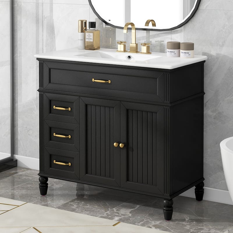 Roomfitters 36" Bathroom Vanity with Sink Cabinet with Drawers One Package Solid Frame and MDF Board Combo - Black