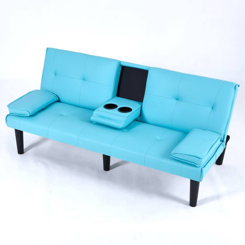 Convertible Loveseat Couch Adjustable Faux Leather Sleeper Sofa Bed with Coffee Table, Cup Holders and Removable Pillow Armrests