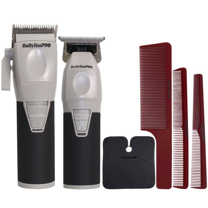 BabylissPRO COREFX Performance Hair Clipper FX86 + COREFX Professional Performance Hair Trimmer - FX76 + Comb Set + Cutting Cape - Gray