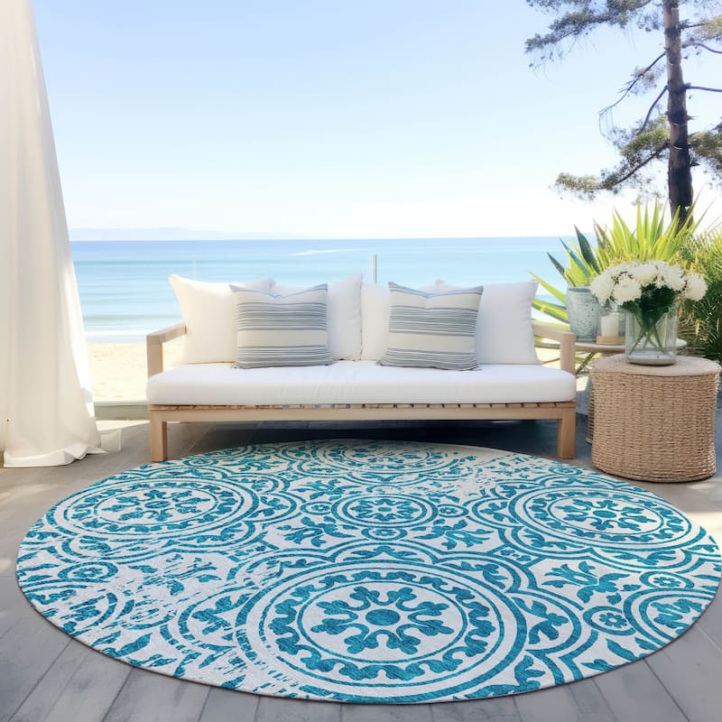 Machine Washable Indoor/ Outdoor Chantille Suzani Vintage Rug - Teal - 8' x 8'