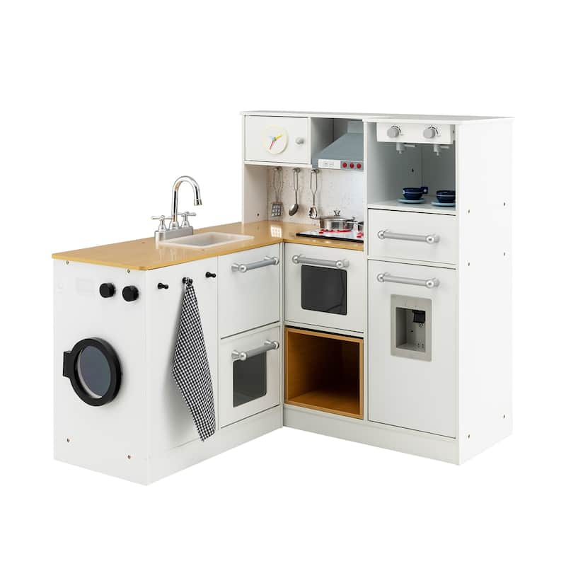 2-Pieces White-Natural Wooden Kitchen Playset with Pull-out Drawer and Cabinets - 31" x 11.5" x 32" (L x W x H) - Kids