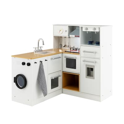 2-Pieces White-Natural Wooden Kitchen Playset with Pull-out Drawer and Cabinets - 31" x 11.5" x 32" (L x W x H)