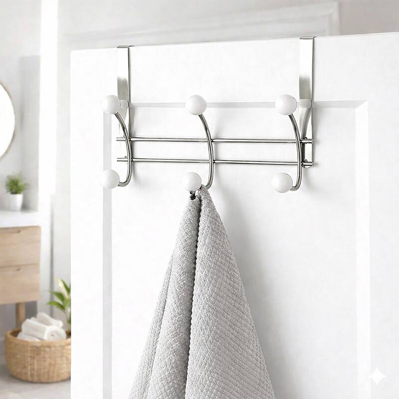 Over The Door Hook Rack with 6 Ball Ends - 10.5 L x 4 D x 7.5 H - Chrome/White