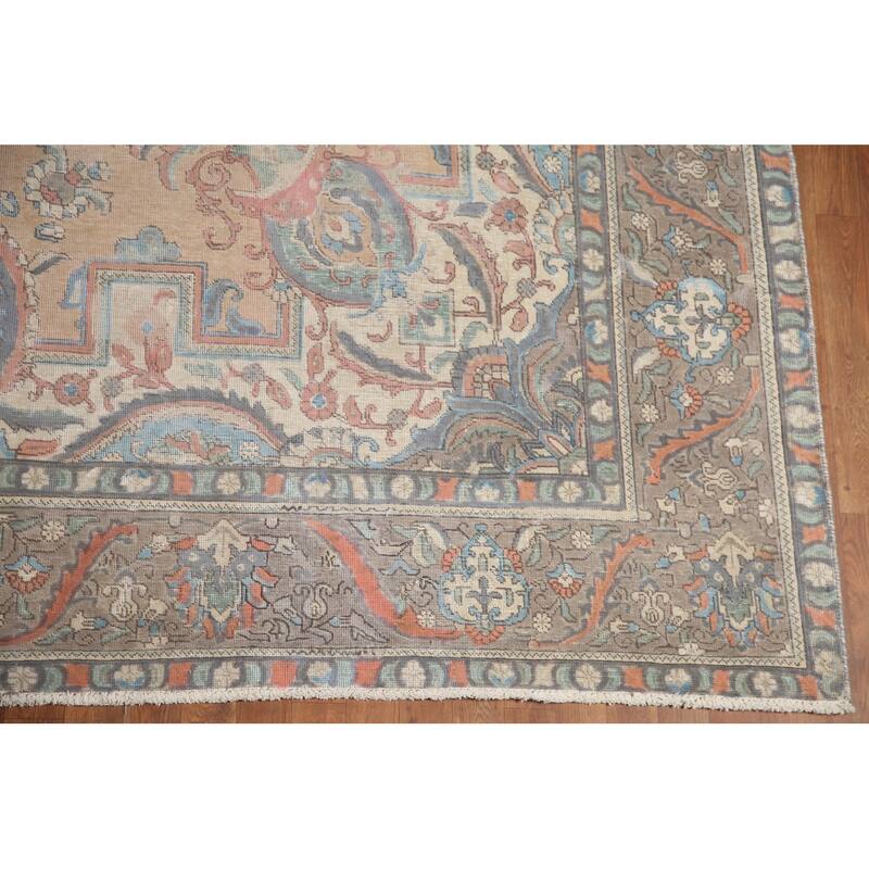 Hand Knotted Oriental 100% Wool Carpet Traditional Medallion Peach Tabriz Area Rug - 12' 8'' X 9' 8''