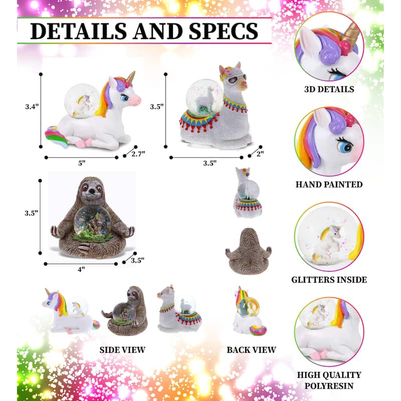 CoTa Global Unicorn, Sloth, Llama Snow Globe Set of 3 - 45mm - 3.5 H x4 Lx 3.5W