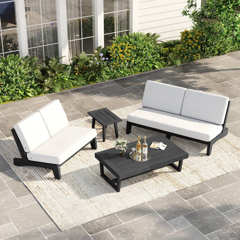 Casual Teak Outdoor Patio Conversation Set with Cushioned Sofa Loveaseat - Dark Wood - Beige-4 Piece