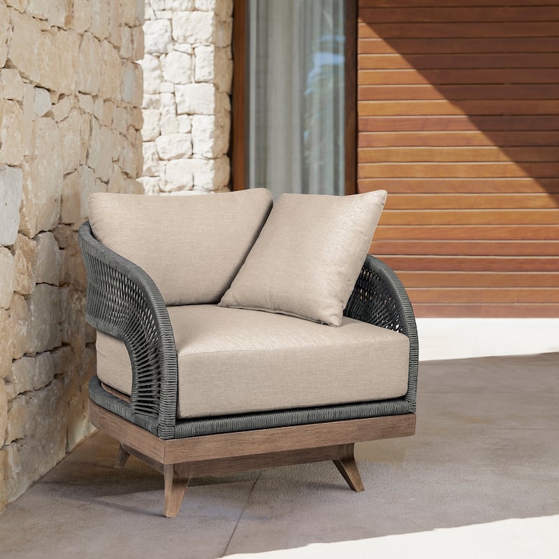 Orbit Swivel Outdoor Patio Chair in Weathered Eucalyptus Wood with Gray Rope and Taupe Olefin Cushions
