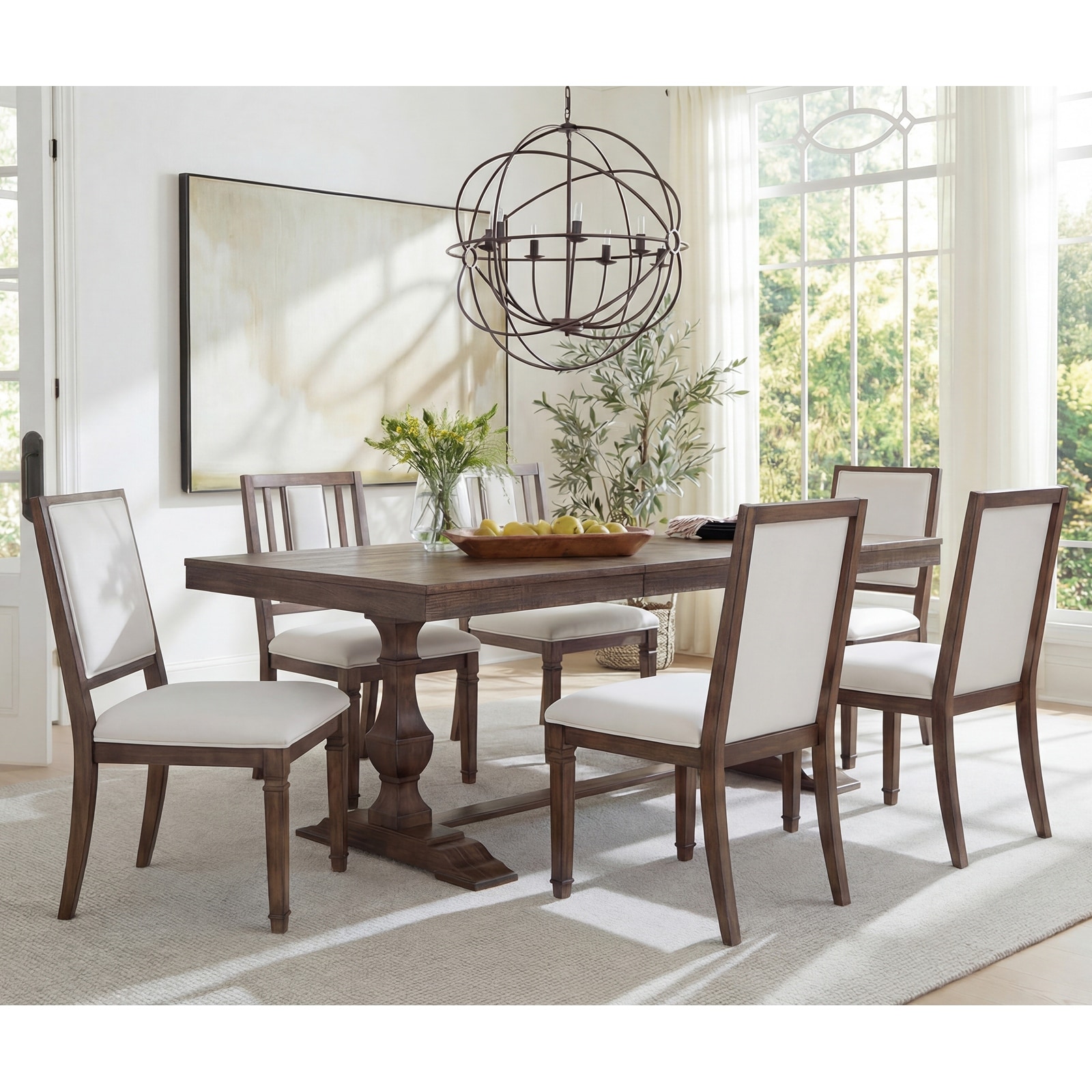7-pieces Farmhouse Dining Table Set for 6, 74.8" Kitchen Table with Chairs, Solid Wood Legs and Upholstered Back