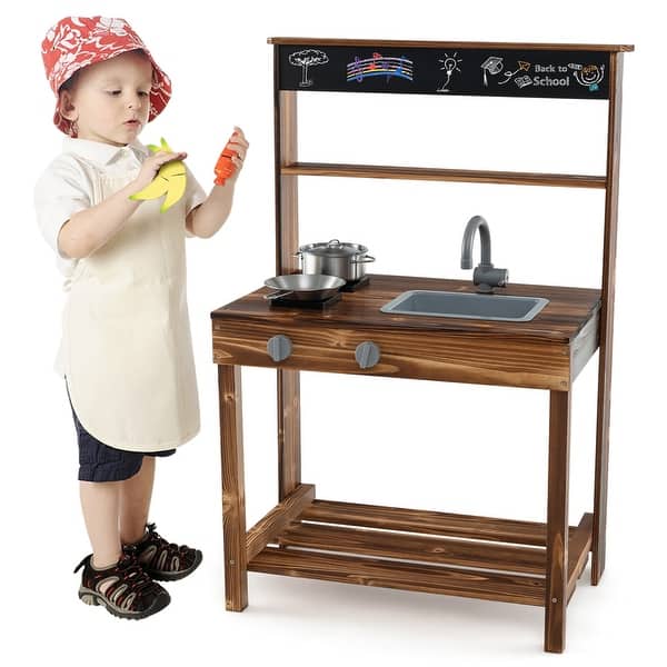 slide 2 of 10, Gymax Kids Mud Kitchen Play Kitchen w/ Blackboard Stoves Removable Brown
