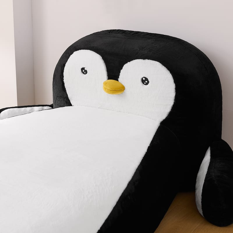 Twin Size Fluffy Faux Fur Penguin Shaped Kids Floor Bed Lounger with Soft Sponge Filling for Playroom