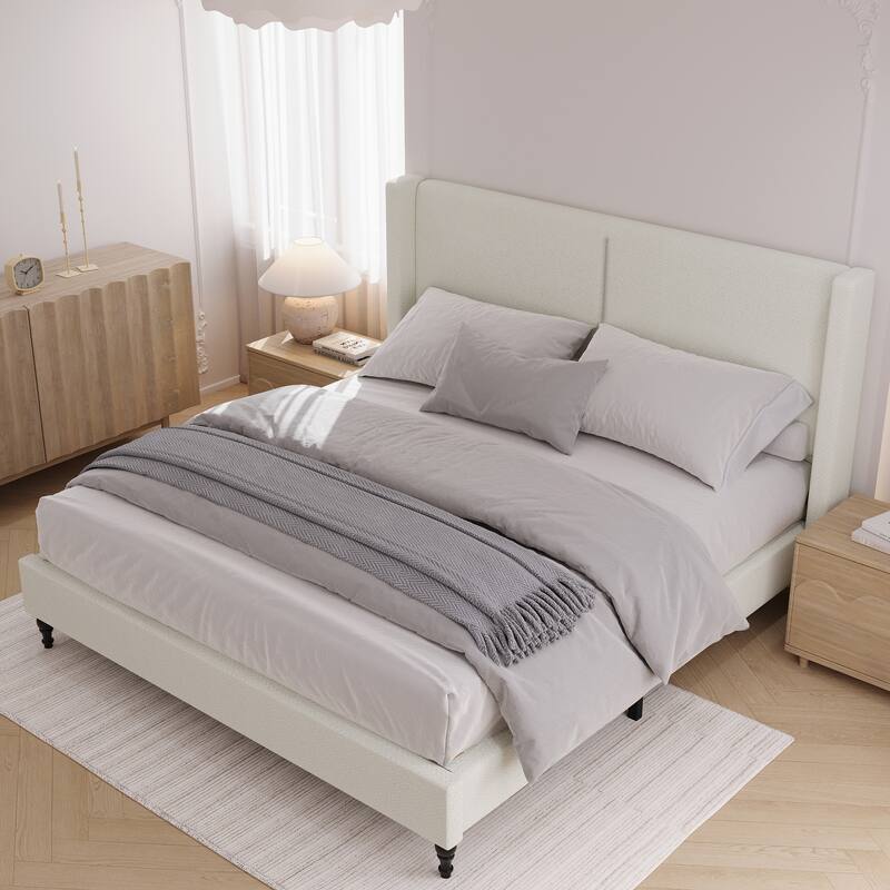 King Size Bed Frame with 55.5"High Back Upholstered Headboard - White