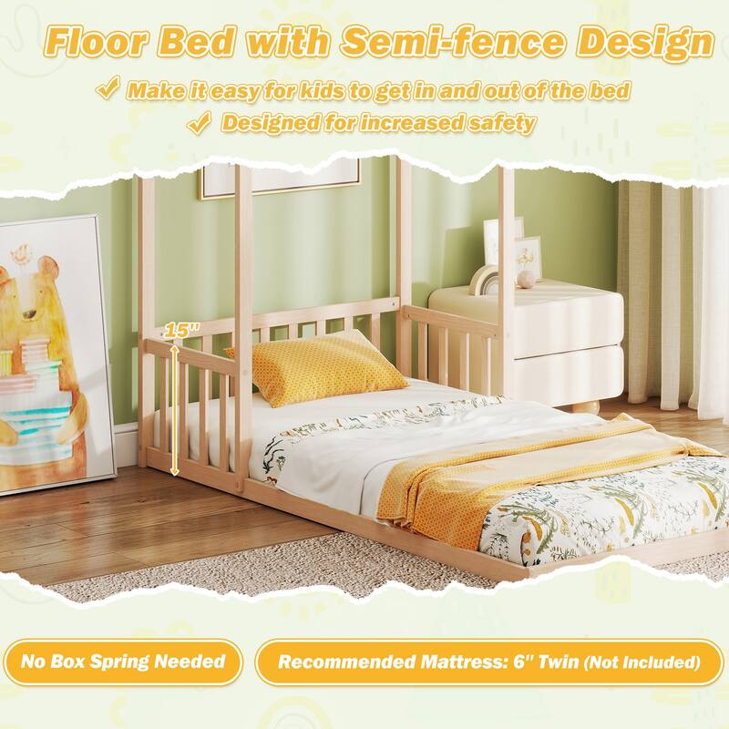 Twin Size Wooden Montessori Floor Bed with House Shape Frame and Semi-Fence Railings for Kids Room