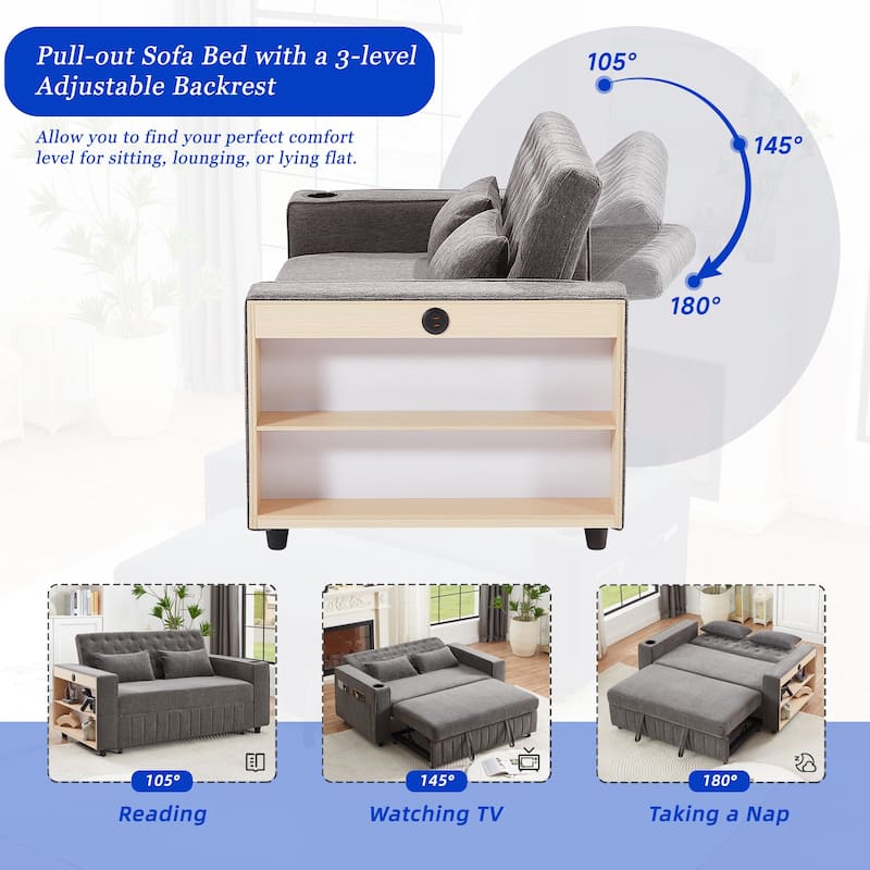 Roomfitters 61.4" Pull-Out Convertible Loveseat Sofa Bed with Adjustable Backrest for Living Room