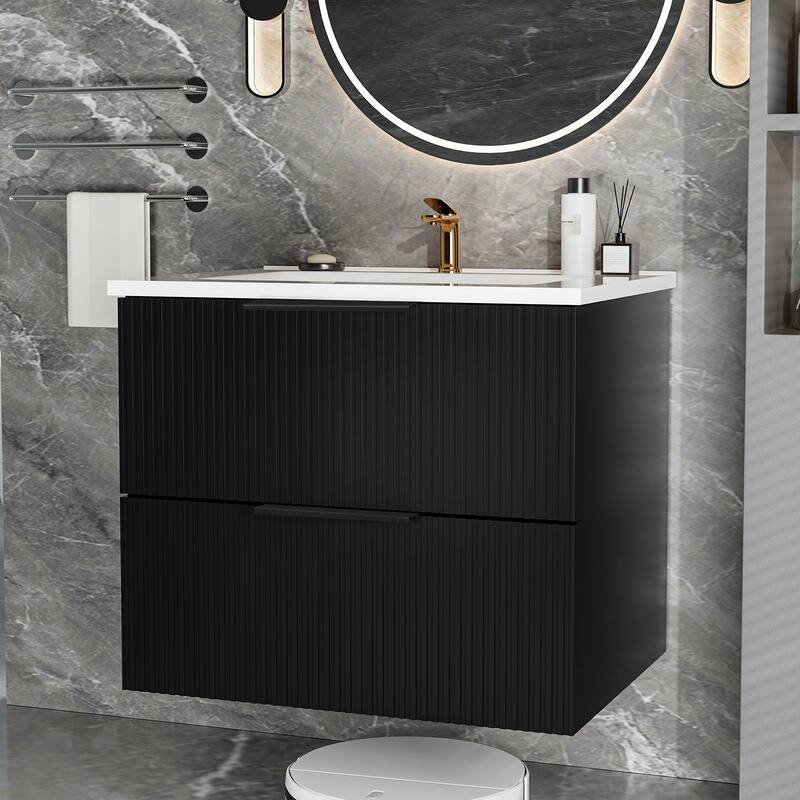 24" Floating Bathroom Vanity with Ceramic Sink - Wall Mounted Fluted Vanity Cabinet with Drawers, for Small Bathrooms - Black