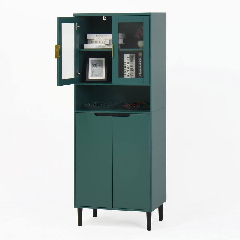 Tall Kitchen Pantry Cabinet with 2 Glass Display Doors & 2 Solid Doors