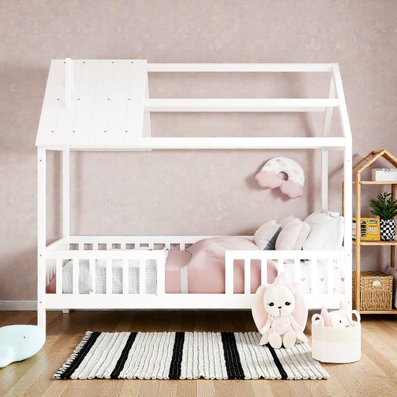 Twin Size Wooden House Bed with Fence, Roof Playhouse Design, Kids Montessori Floor Bed with Safety Rails - White - Twin