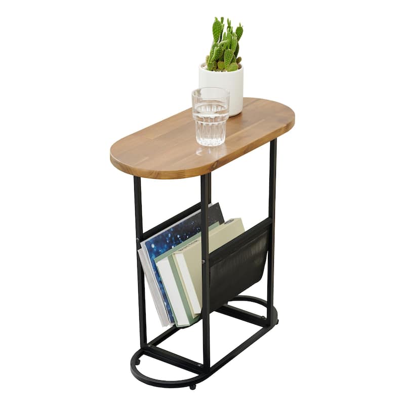 Acacia Oval Small Side Tables With Magazine Organizer Set of 2