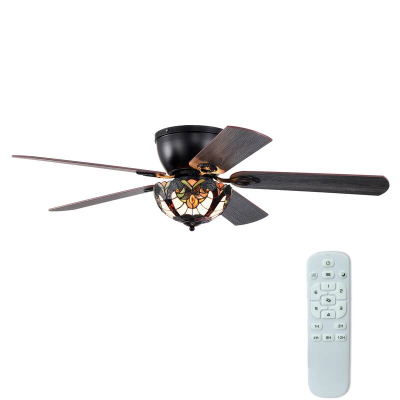 Apgrie 52-Inch Flushmount Lighted Ceiling Fan Warm Tones Tiffany Glass Lamp Black Finish - Warm-Tones