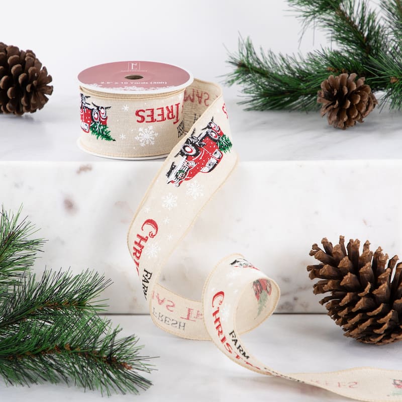 Beige "Farm Fresh Christmas Trees" Wired Craft Christmas Ribbon 2.5" x 10 Yards - 30'