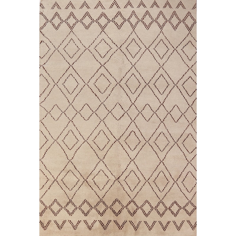 Hand Knotted Oriental 100% Wool Carpet Modern Geometric Beige & Ivories Moroccan Area Rug - 8' 0'' X 5' 0''