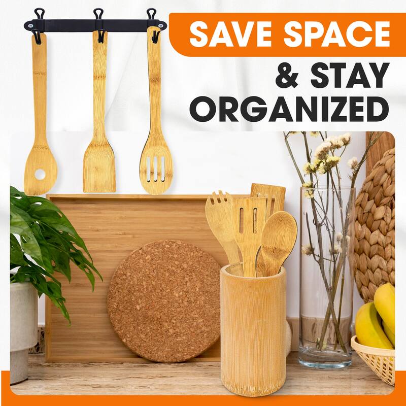 Cheer Collection 8-Piece Bamboo Wooden Cooking Utensils Set with Holder
